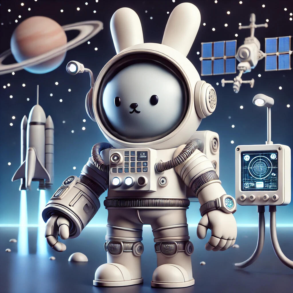 A rabbit engineer, building a space rocket to the moon, signifying a digital transformation process.